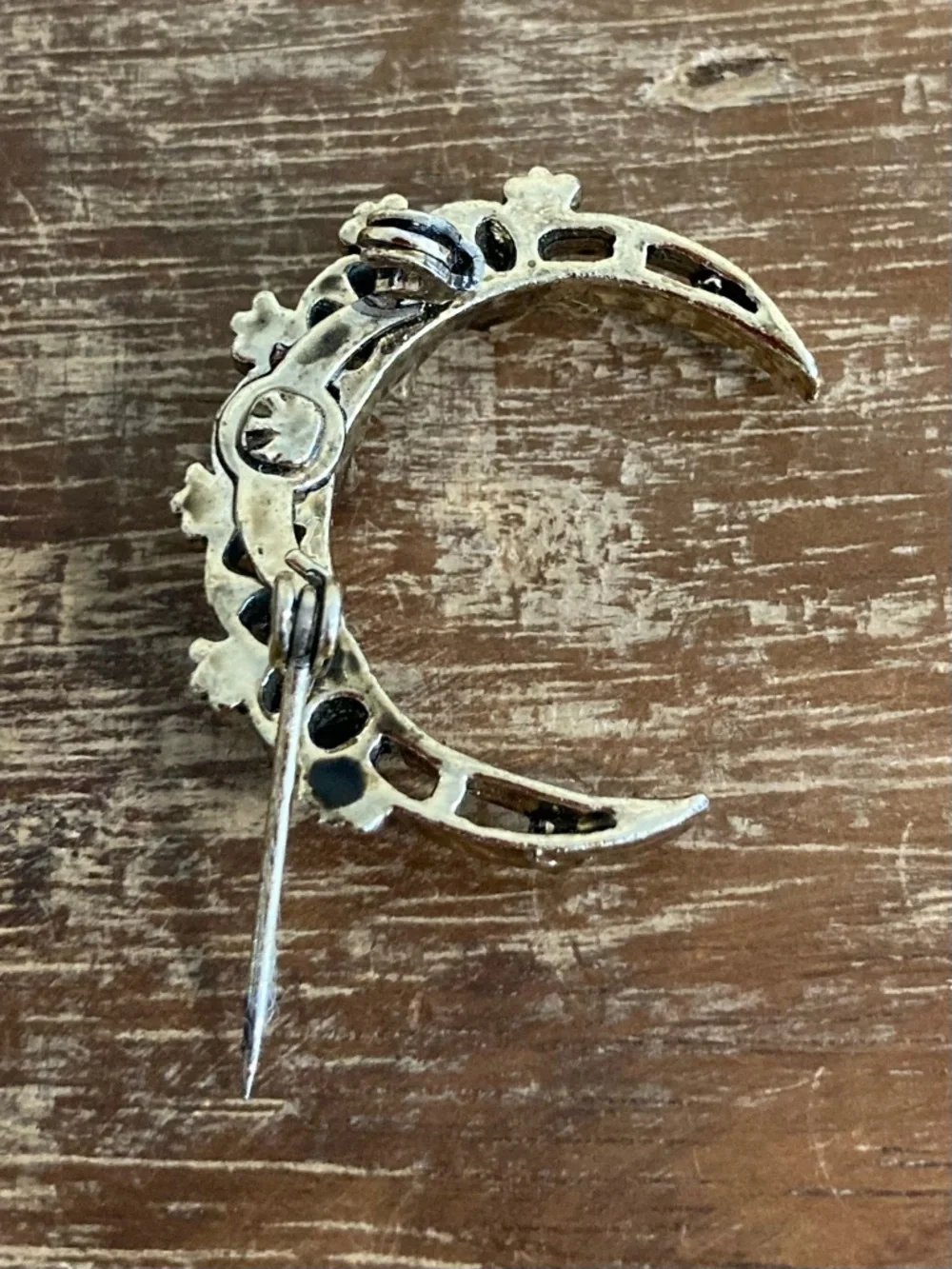 Gold Tone and Green Enamel Crescent Brooch
